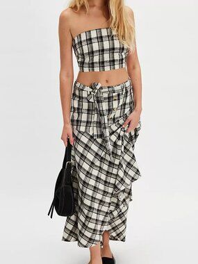Free People Black and Cream Plaid For You Set Size Large